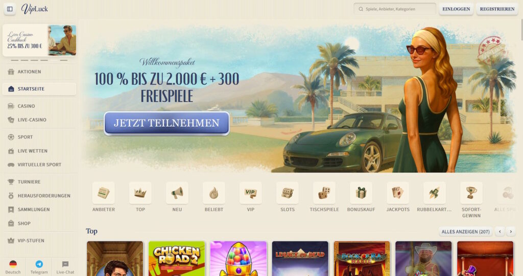 VipLuck Online Casino Startseite
